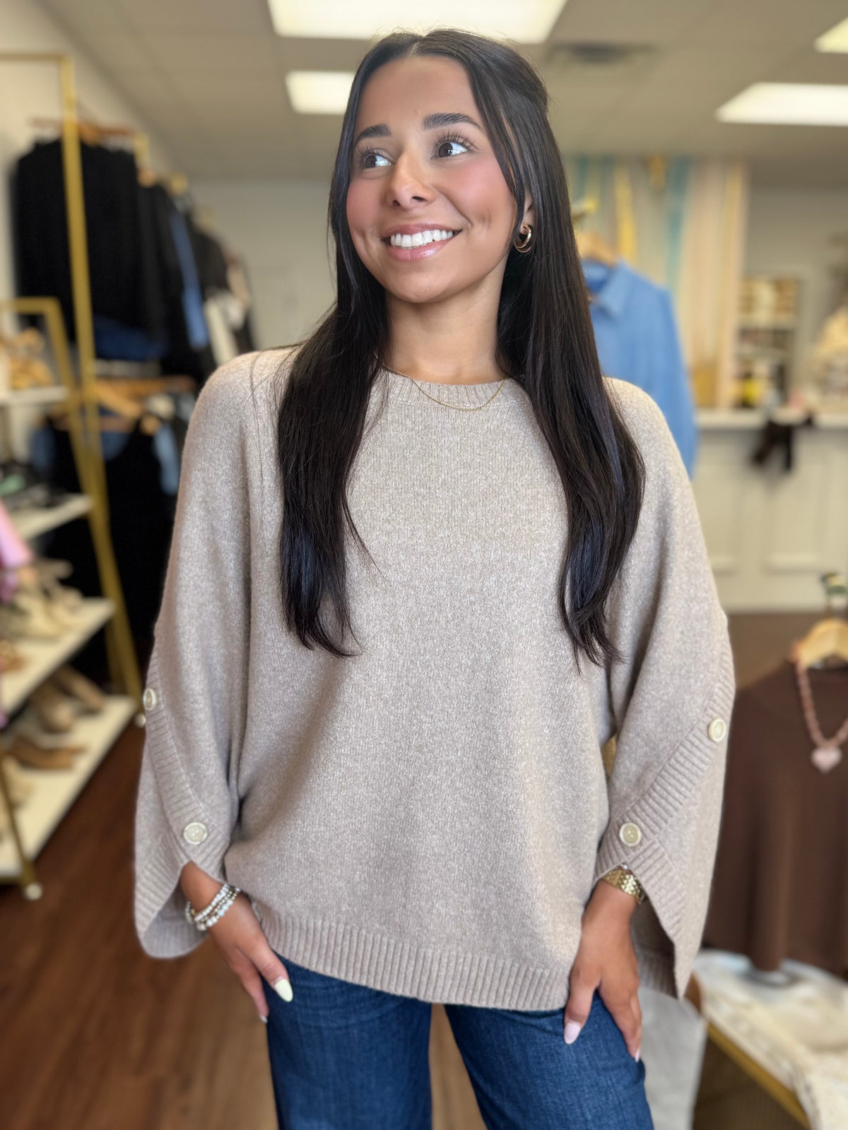 Warm wheat petal sleeve sweater tucked into pants