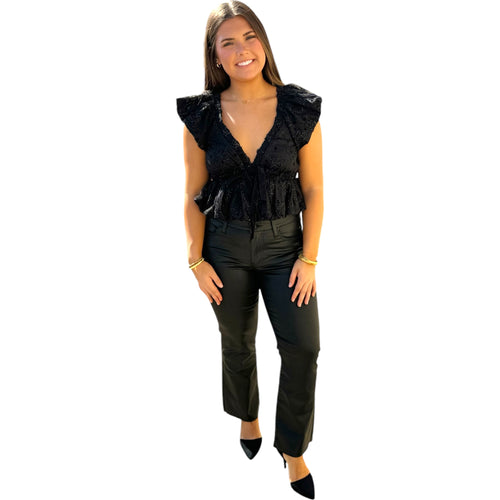 Black Gold Embellished Floral Beaded Ruffle Sleeve Tie Front Smocked Crop Top