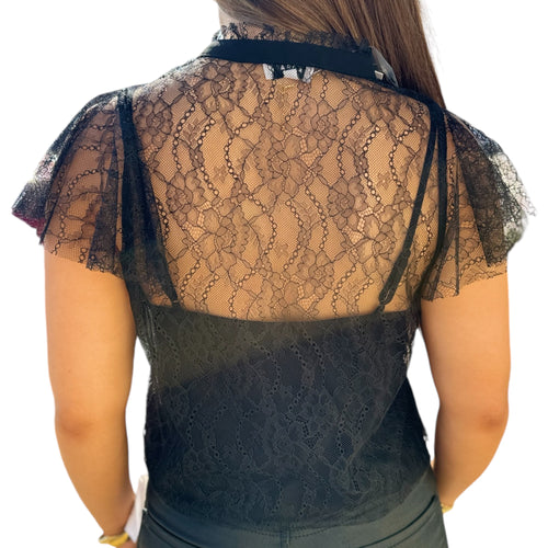 Dutchess Front Button Delicate Lace Sleeve Top
