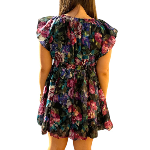 Secret Garden Bold Floral V Neck Ruffle Flutter Sleeve Velvet Bow Mini Dress