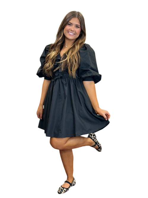 Bow Front V Neck Puff Sleeve Back Zip Mini Dress in Black