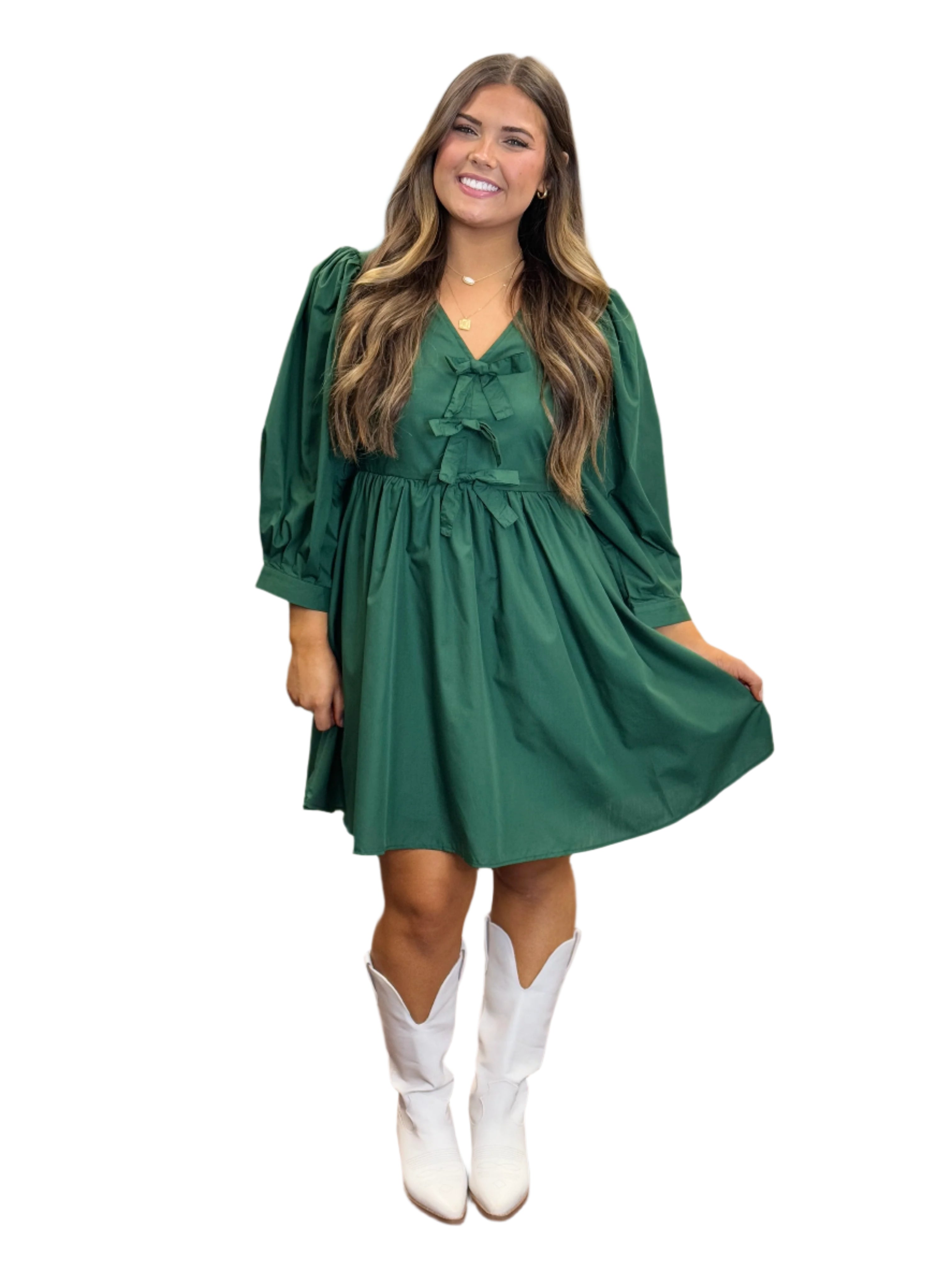 Bow Front V Neck Puff Sleeve Mini Dress Green