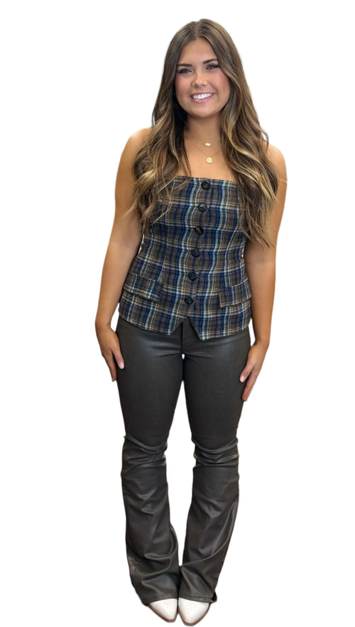 Old Money Fall Plaid Button Front Strapless Bustier Top