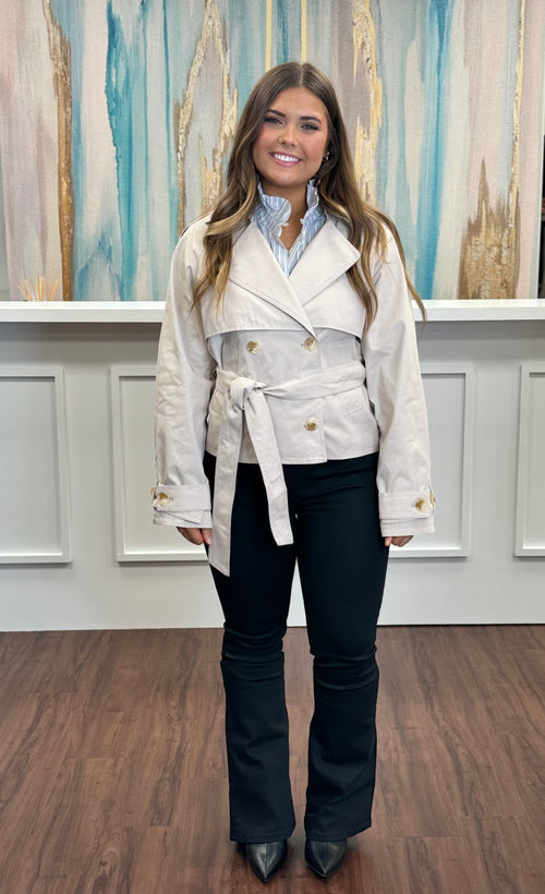 Cropped Lapel Collar Belted Cuff Button Front Trench Coat