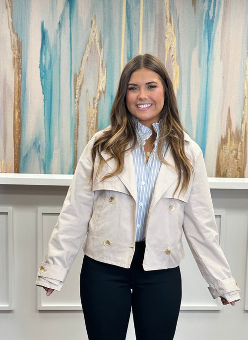 Cropped Lapel Collar Belted Cuff Button Front Trench Coat