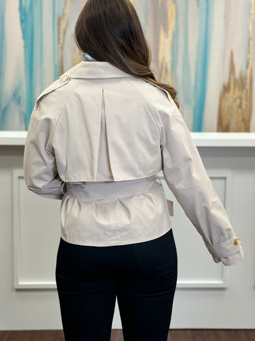 Cropped Lapel Collar Belted Cuff Button Front Trench Coat