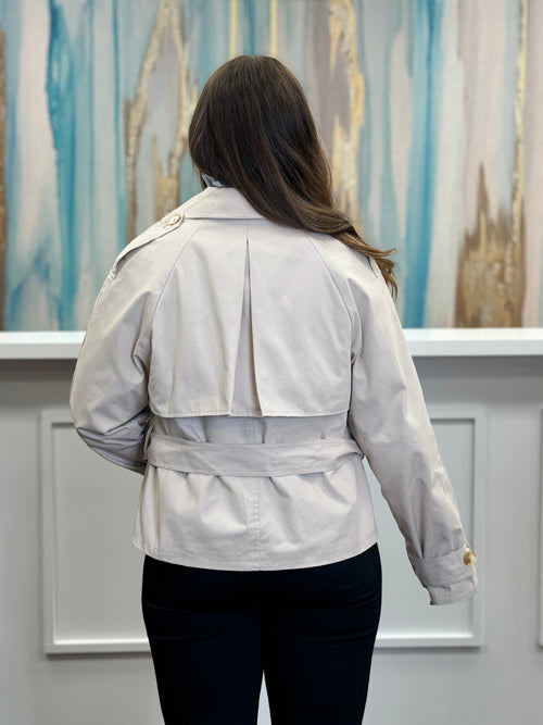 Cropped Lapel Collar Belted Cuff Button Front Trench Coat