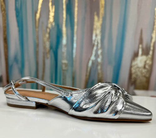 Harmony Metallic Pointed Toe Bow Ankle Strap Slingback Flat