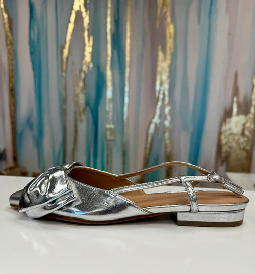 Harmony Metallic Pointed Toe Bow Ankle Strap Slingback Flat