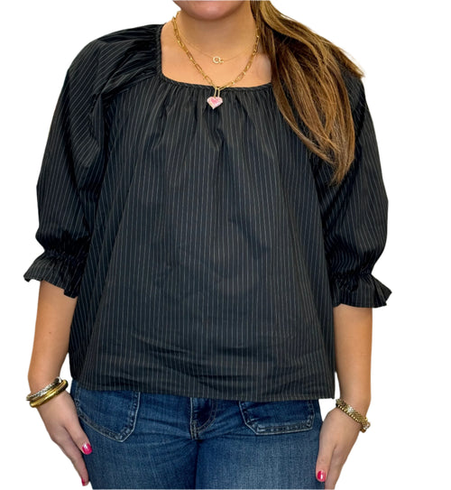 Poppy Black White Stripe Square Neck Elastic Gathered Three Quarter Sleeve Top