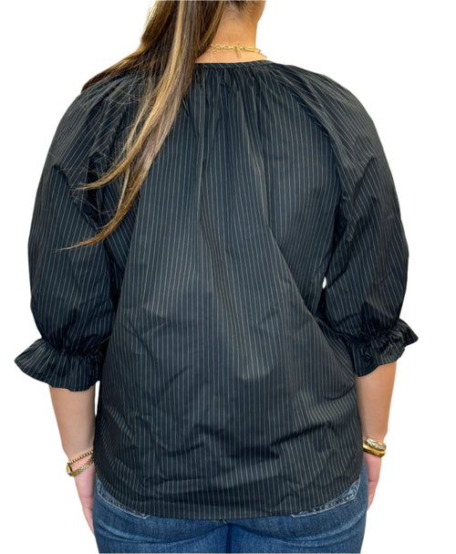Poppy Black White Stripe Square Neck Elastic Gathered Three Quarter Sleeve Top