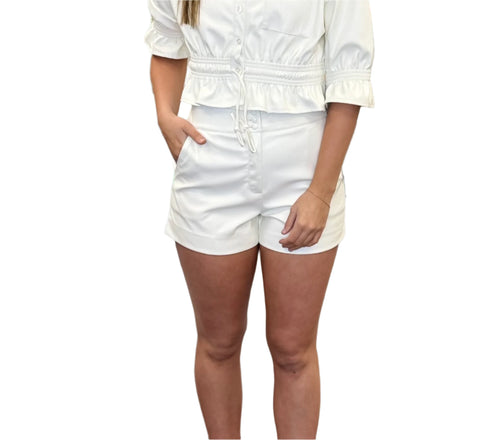 White Faux Leather High Waisted Pocket Button Up Short