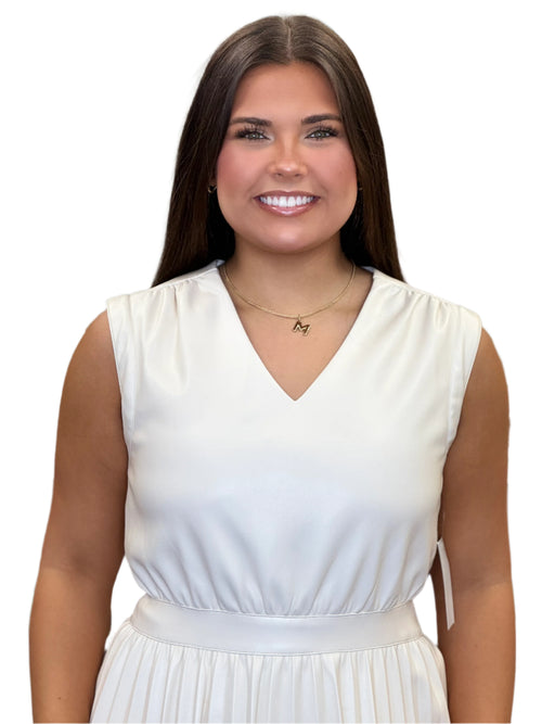 Cream Vegan Leather Cinched Pleat Shoulder Sleeveless Midi Dress