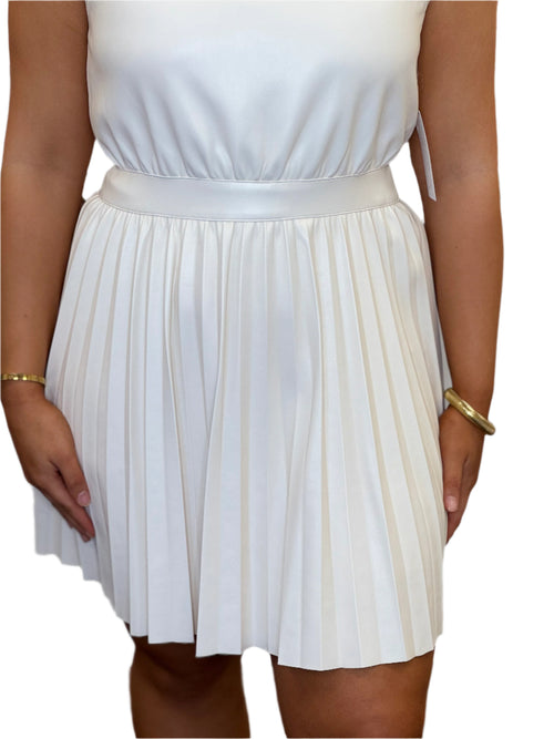 Cream Vegan Leather Cinched Pleat Shoulder Sleeveless Midi Dress
