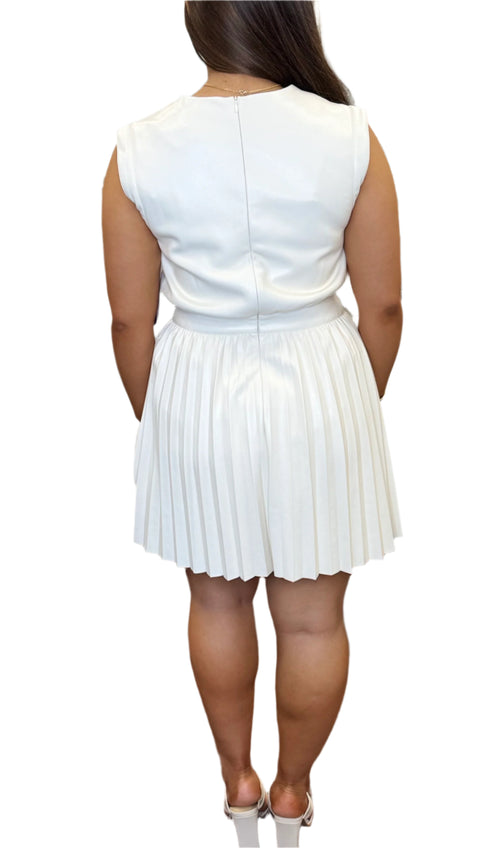 Cream Vegan Leather Cinched Pleat Shoulder Sleeveless Midi Dress