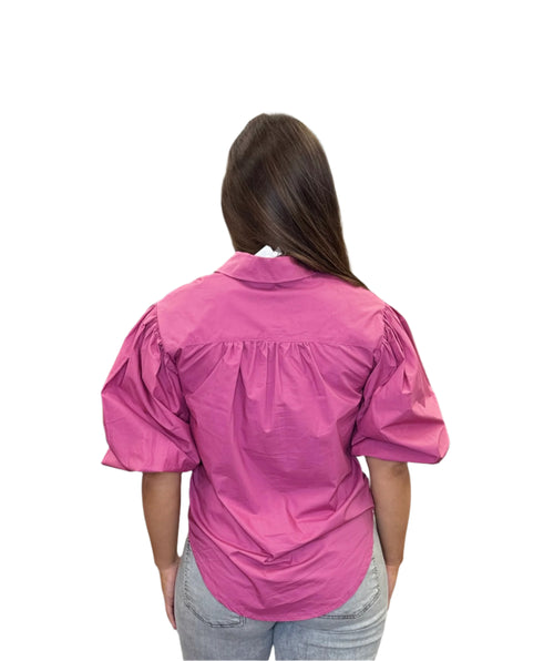 Raspberry Light Poplin Button Down Three Quarter Bubble Sleeve Top