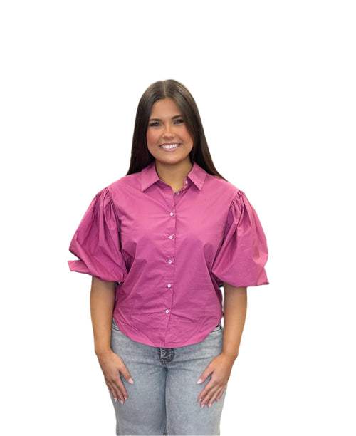Raspberry Light Poplin Button Down Three Quarter Bubble Sleeve Top