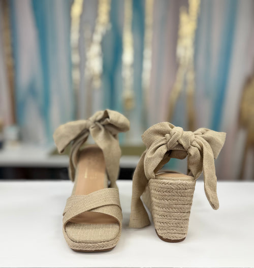 Bonaire Raffia Fabric Tie Closure Espadrille Platform Heel Sandal