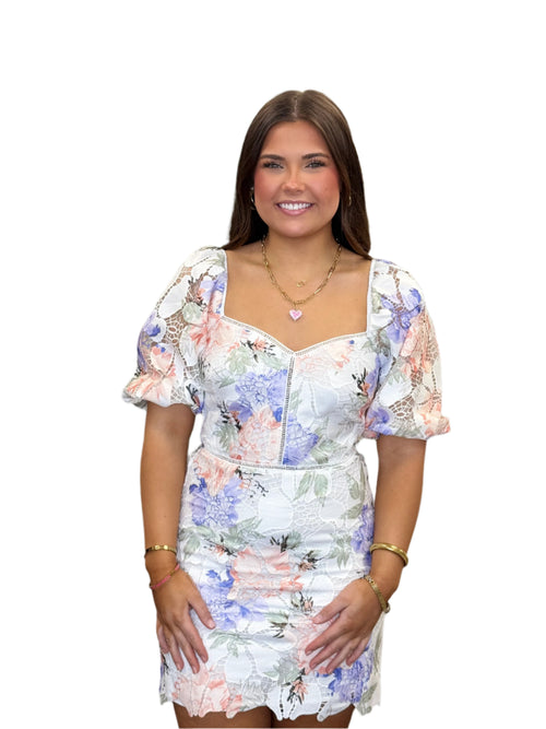 Elaine Embroidered Floral Scalloped Hem Balloon Sleeve Tie Back Dress