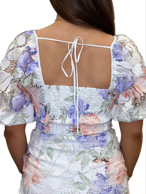 Elaine Embroidered Floral Scalloped Hem Balloon Sleeve Tie Back Dress