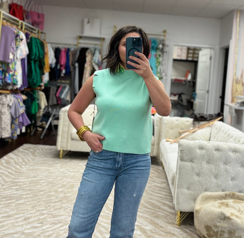 Betty Mint Cropped Sleeveless Cutout Knit Top