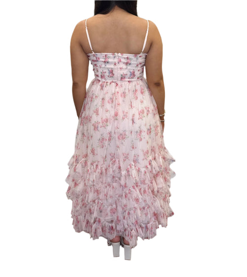 Irena Floral Mesh Sweetheart Tiered Midi Dress