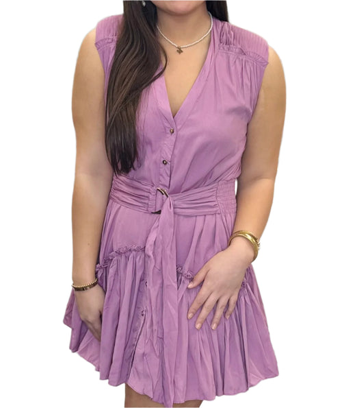 Lagos V Neck Shirred Ruffle Shoulder Belted Button Front Mini Dress