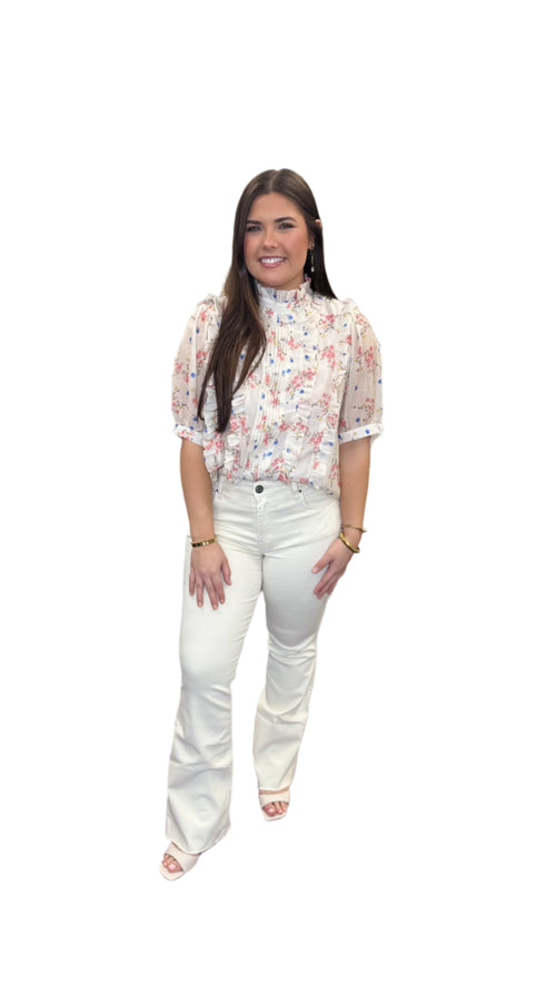Cream Floral Print Ruffle Neck Short Sleeve Top