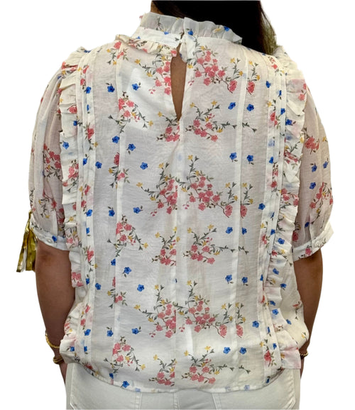 Cream Floral Print Ruffle Neck Short Sleeve Top