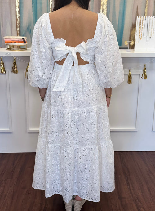 Eyelet Bow Back Detail White Maxi Dress