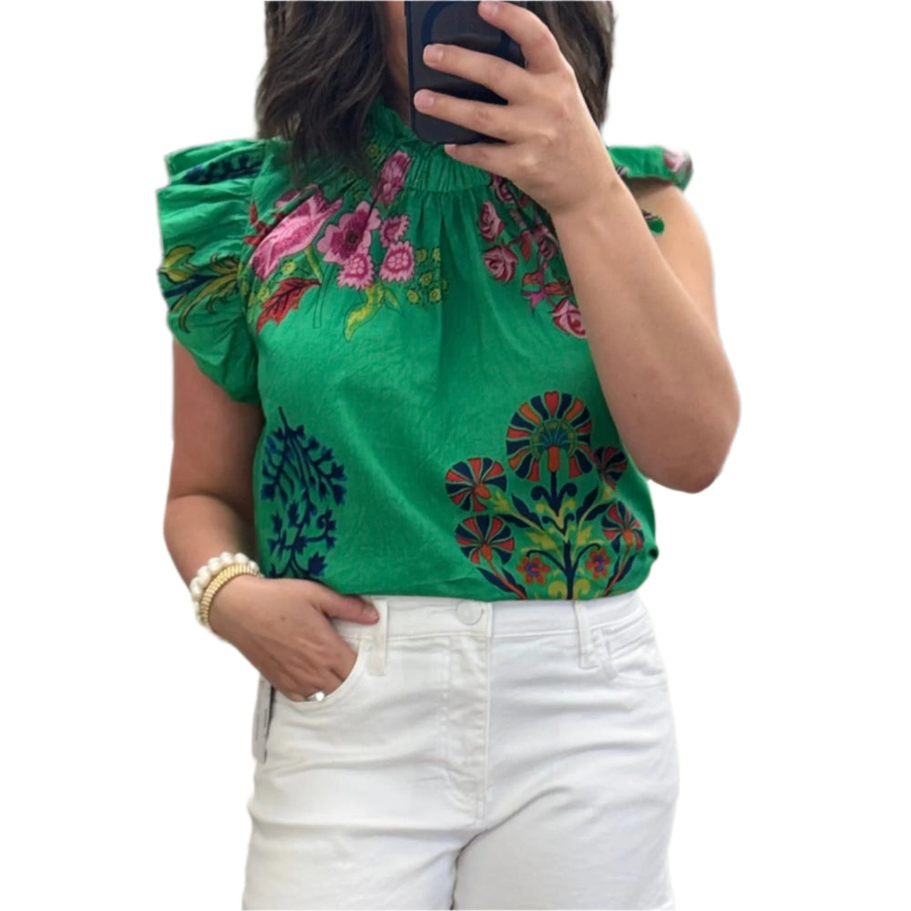 Ruffle Neck Floral Print Top