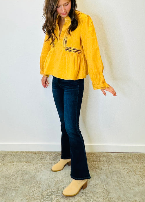 Mintak Gold Crochet Accent Shoulder Sleeve Detail Top
