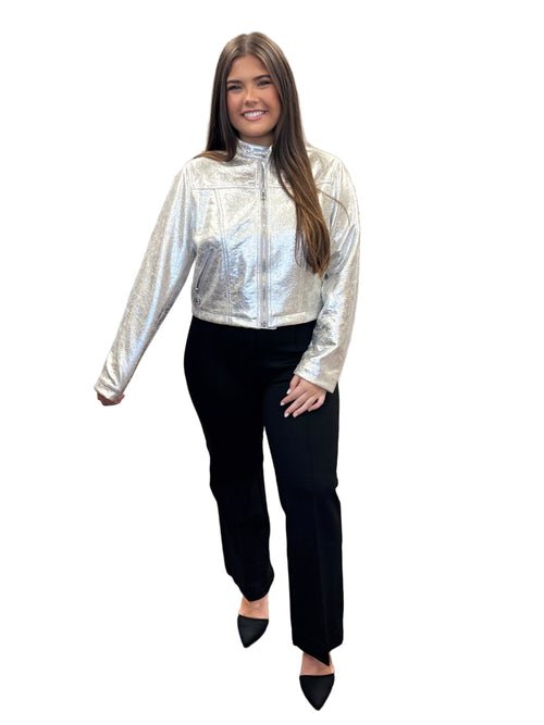 Silver Metallic Cropped Biker Jacket