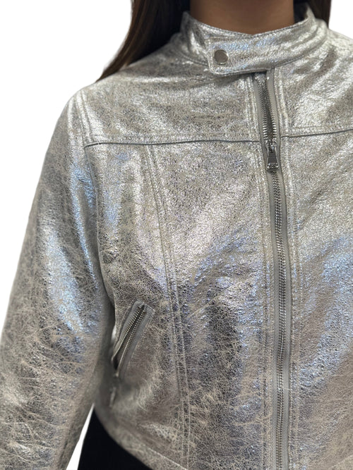 Silver Metallic Cropped Biker Jacket