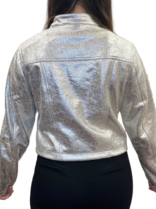 Silver Metallic Cropped Biker Jacket