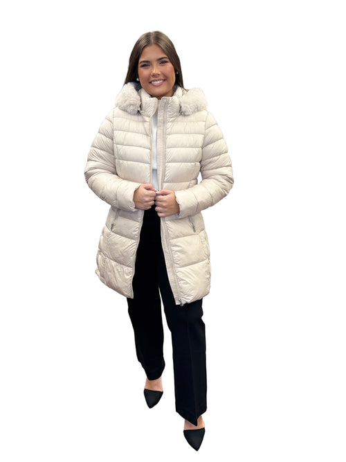 Long Quilted Hooded Puffer Jacket with Faux Fur Hood
