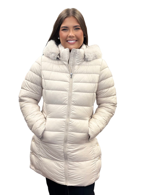 Long Quilted Hooded Puffer Jacket with Faux Fur Hood