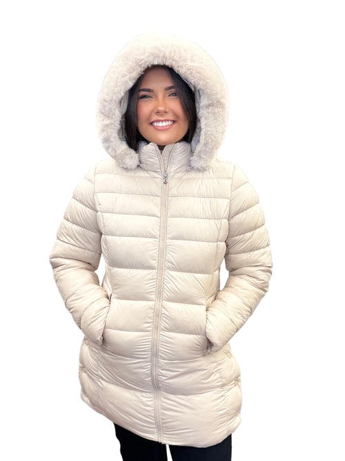 Long Quilted Hooded Puffer Jacket with Faux Fur Hood