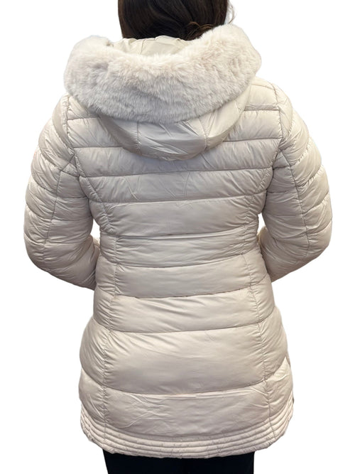 Long Quilted Hooded Puffer Jacket with Faux Fur Hood