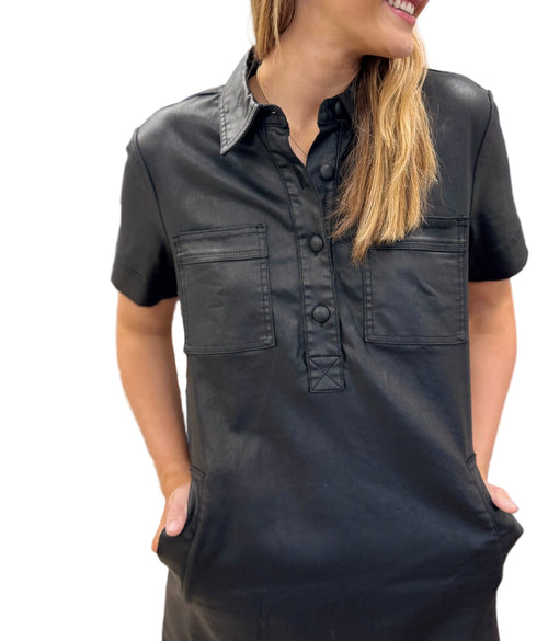 Tatiana Coated Leather Look Front Button Mini Dress