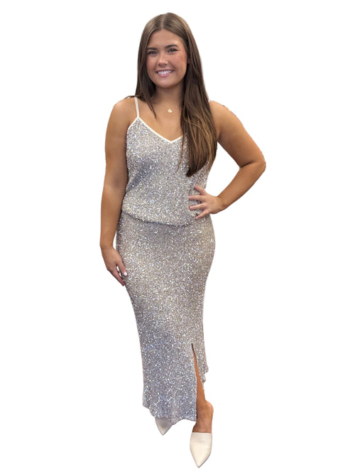 Luster Silver Sequin V Neck Cami Tank Top