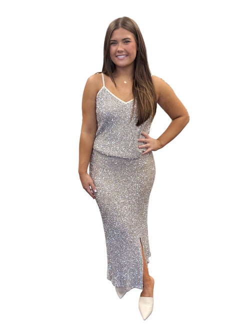 Luster Silver Sequin Maxi Skirt with Side Slit
