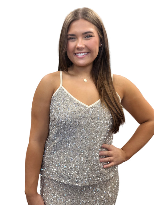Luster Silver Sequin V Neck Cami Tank Top
