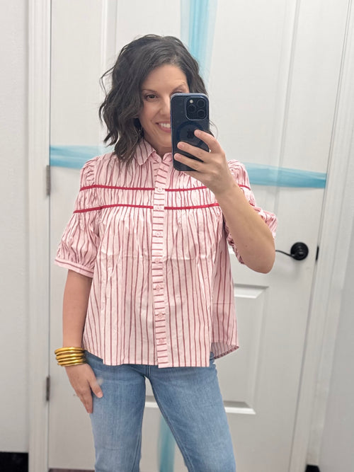 Striped Elastic Knit Short Sleeve Button Down Top