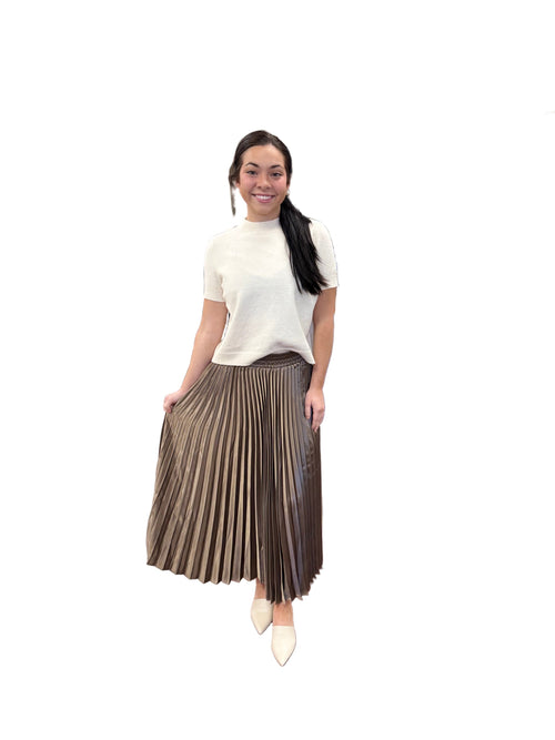 Sunburst Mocha Pleated Satin Midi Skirt