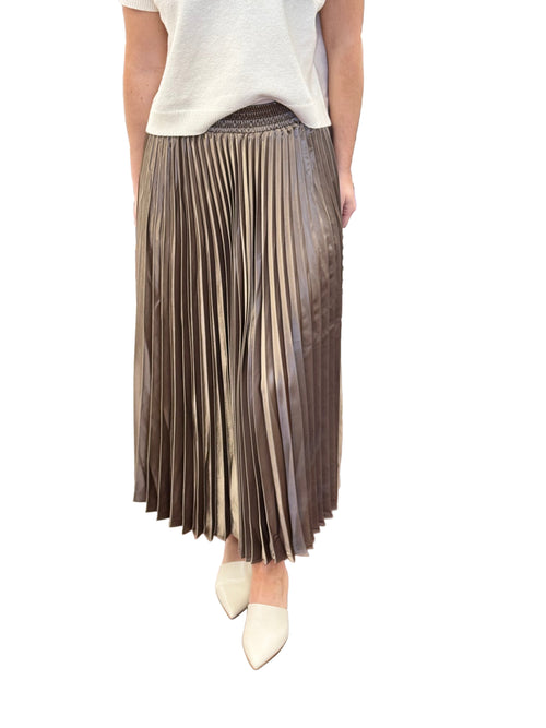 Sunburst Mocha Pleated Satin Midi Skirt