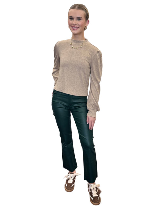 Rhapsody Oatmeal Balloon Sleeve Mock Neck Long Sleeve Top