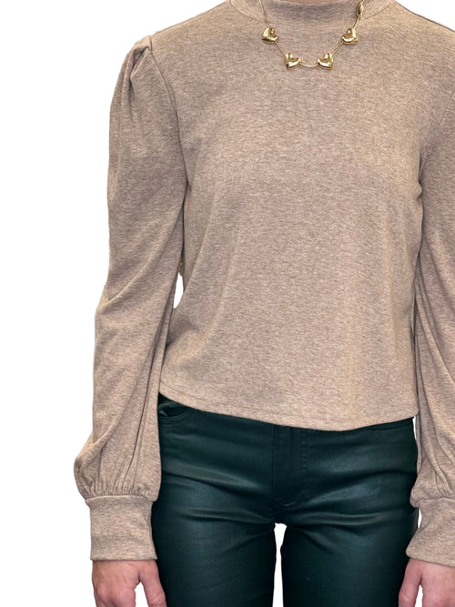Rhapsody Oatmeal Balloon Sleeve Mock Neck Long Sleeve Top