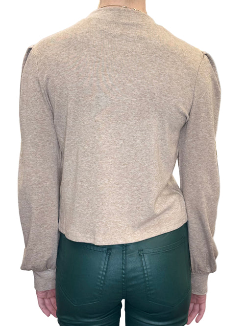 Rhapsody Oatmeal Balloon Sleeve Mock Neck Long Sleeve Top