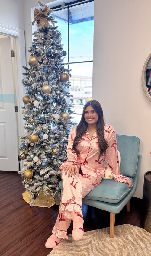 Ruffle Satin Pajama Set with Velvet Waistband Ties